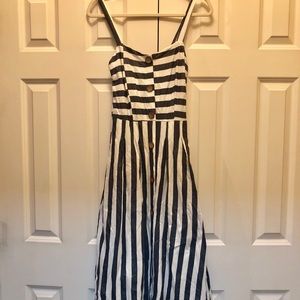 Blue & white striped midi dress w button front
